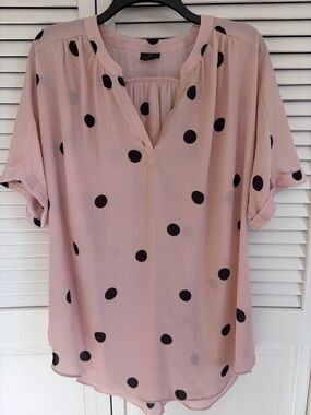 Worthington Women's XL Top Pink Black Polkadots Short Sleeve Lightweight Flowy